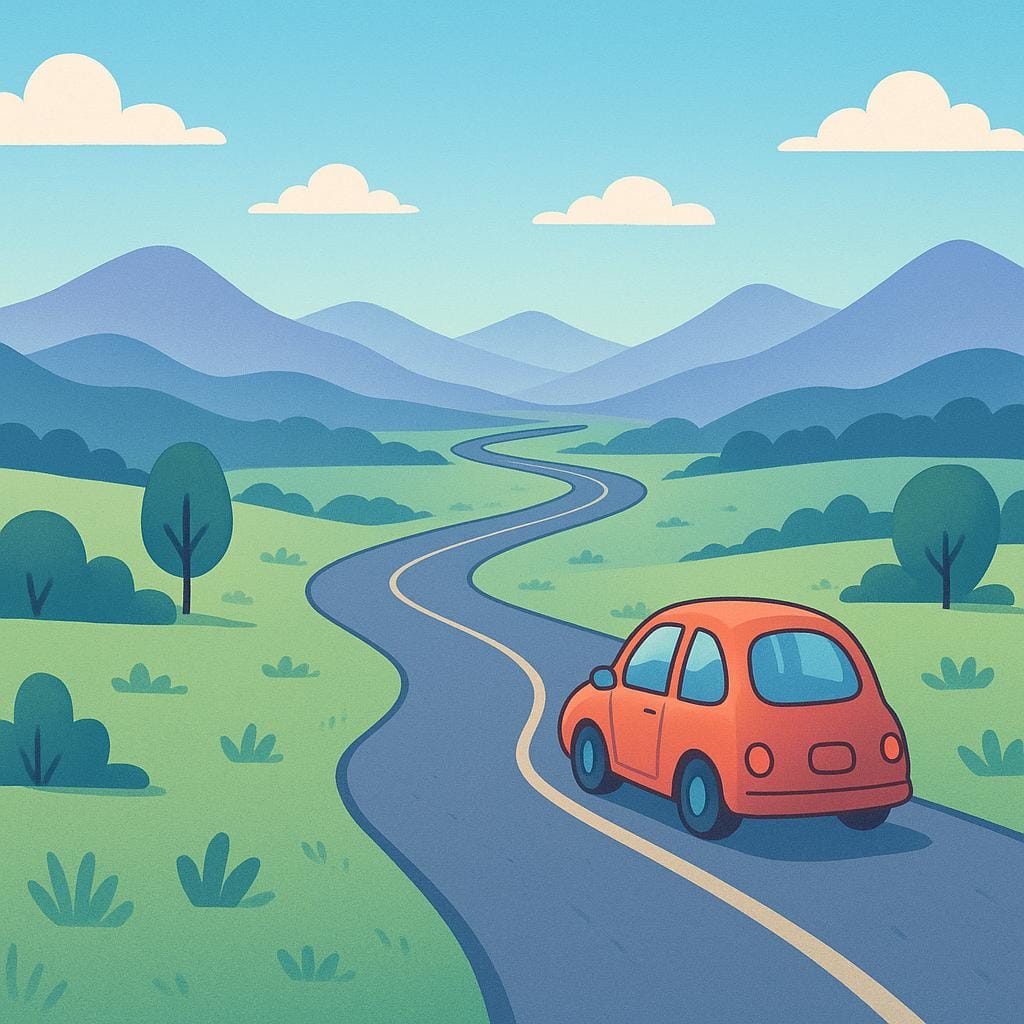 Una piccola auto rossa che guida lungo una strada molto lunga e tortuosa che si estende fino alle lontane montagne blu sotto un sole al tramonto, a simboleggiare una lunga durata.