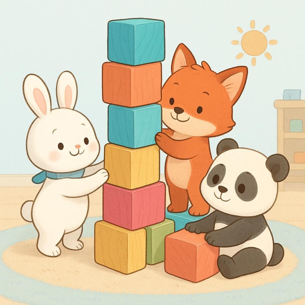 Trois petits personnages animaux de dessin animé (un lapin, un ours et un renard) sont concentrés ensemble sur l'empilement minutieux de blocs de bois colorés pour construire une tour.
