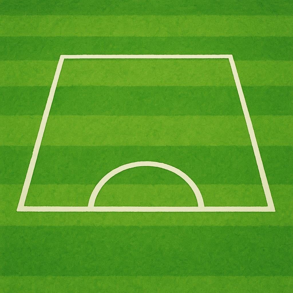 The white painted lines marking the penalty area, or penalty box, on a vibrant green soccer field.