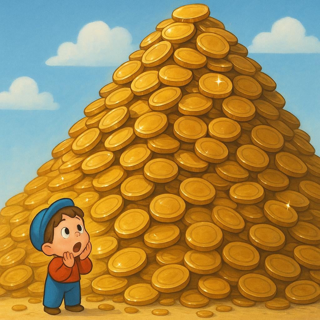 A tiny person standing next to an impossibly tall, overflowing mountain of shiny golden coins, emphasizing the massive quantity.