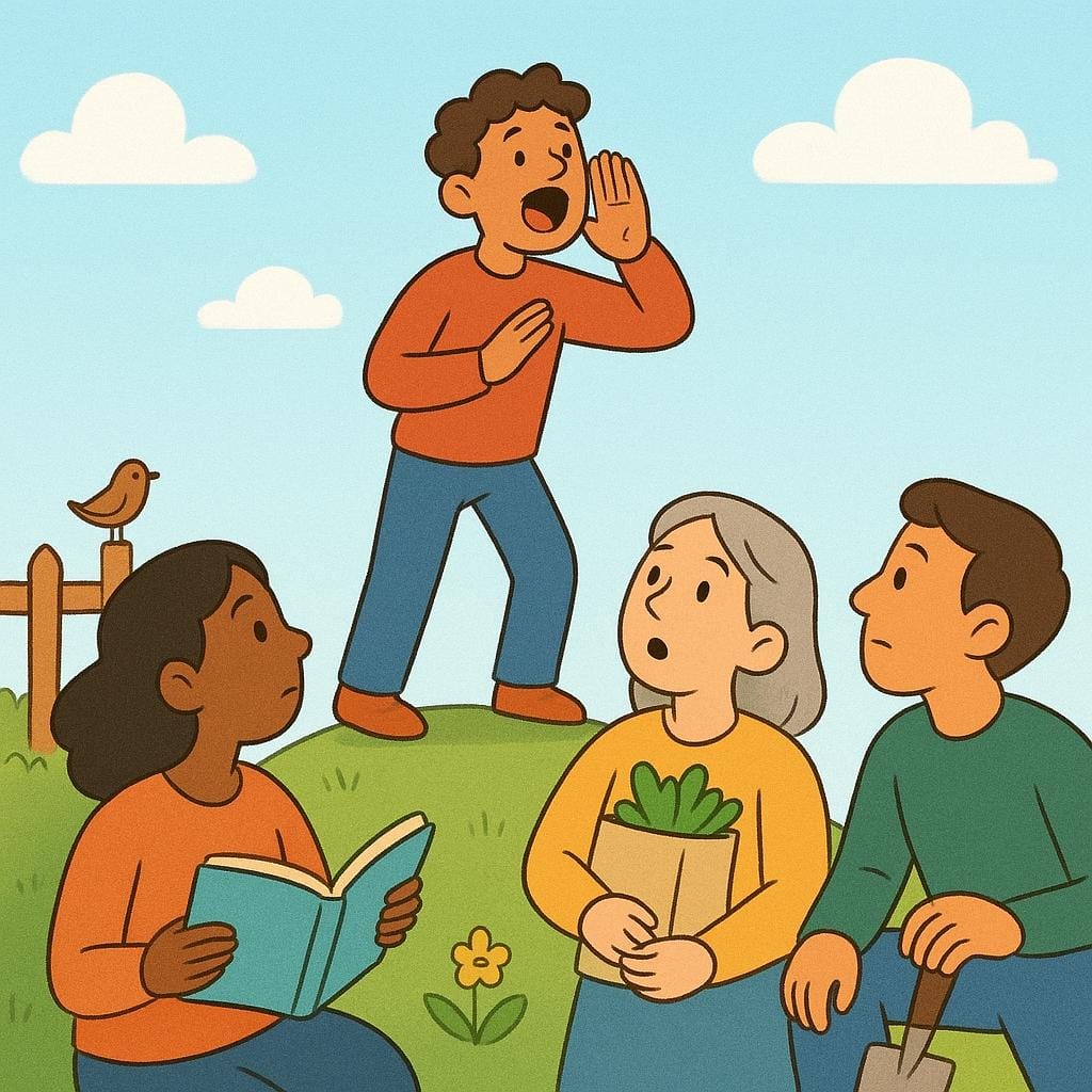Uma ilustração de livro de histórias mostrando uma figura em pé em um pequeno monte, levando as mãos à boca e gritando alto para exigir atenção. Três outras figuras à distância estão parando suas atividades e virando suas cabeças em direção ao que grita.