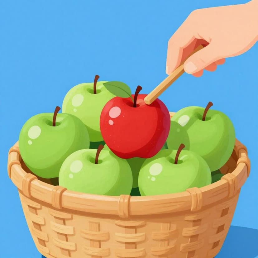 A hand pointing a wooden stick at a specific red apple in a basket of green apples.