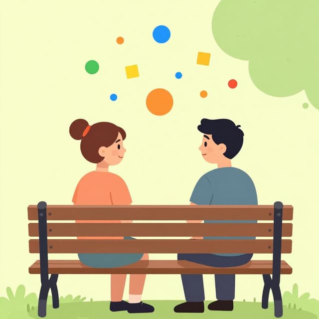 Two people sitting on a park bench facing each other, engaged in a friendly conversation with speech bubbles showing simple colorful shapes.