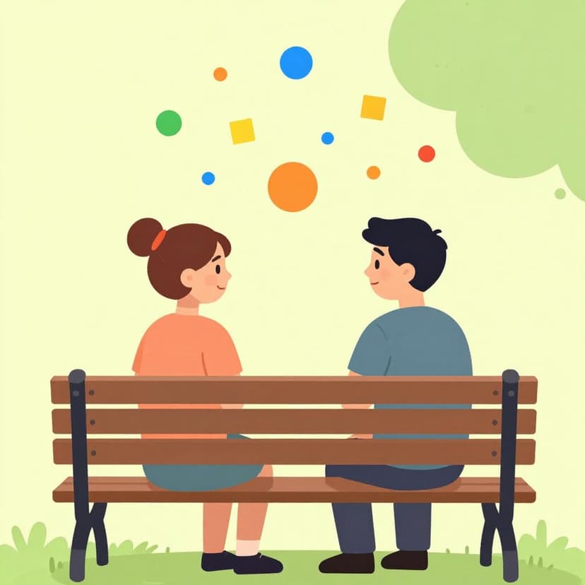 Due persone sedute su una panchina del parco una di fronte all'altra, impegnate in una conversazione amichevole con fumetti che mostrano semplici forme colorate.