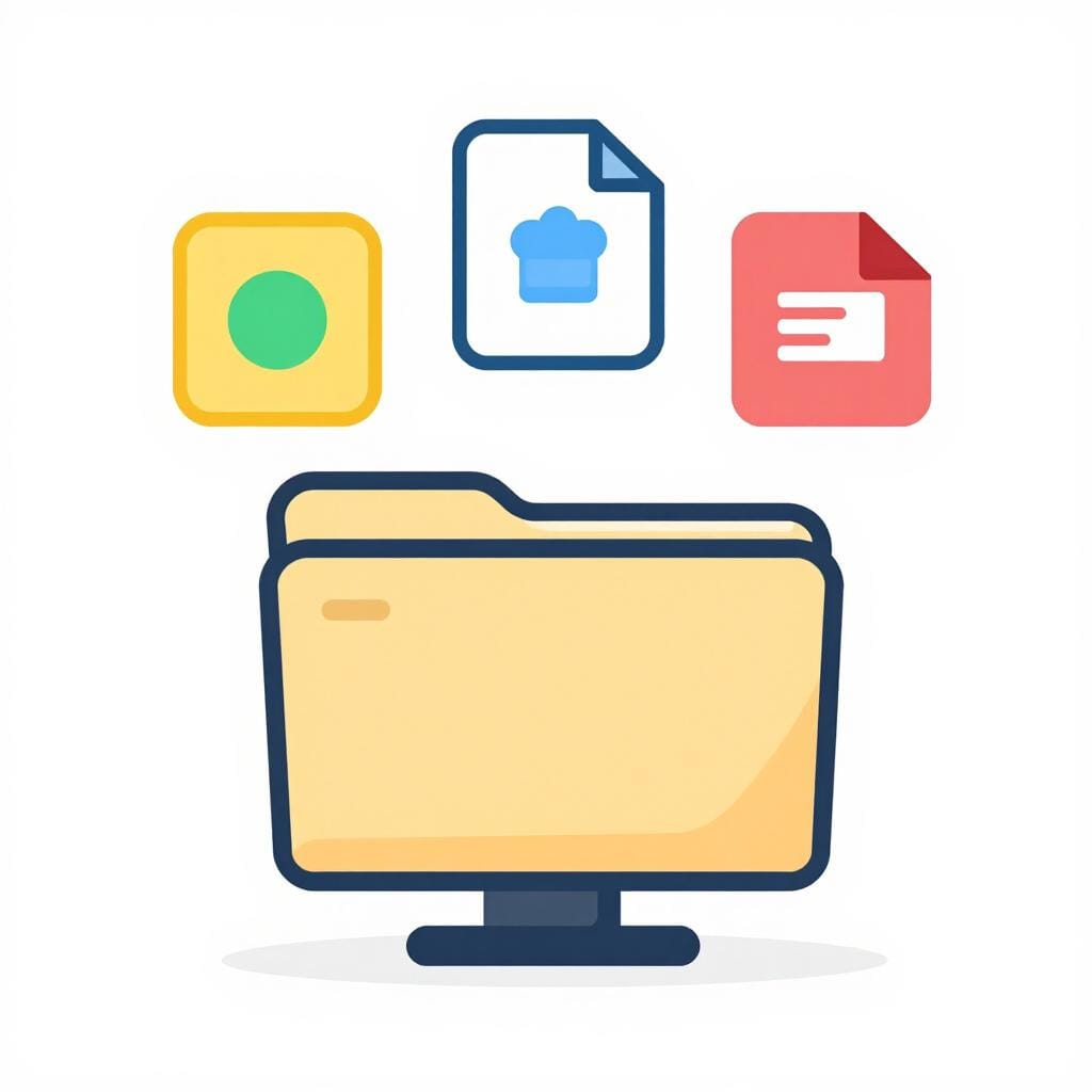 Un dossier bleu lumineux sur un bureau avec des icônes de différentes couleurs représentant différents fichiers numériques.