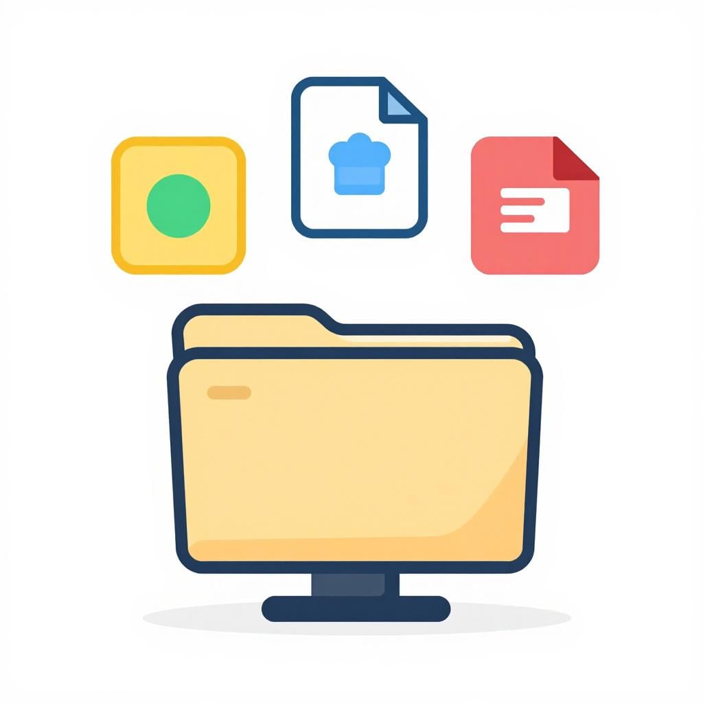 机の上に置かれた青く光るフォルダ。様々な色のアイコンが異なるデジタルファイルを表している。