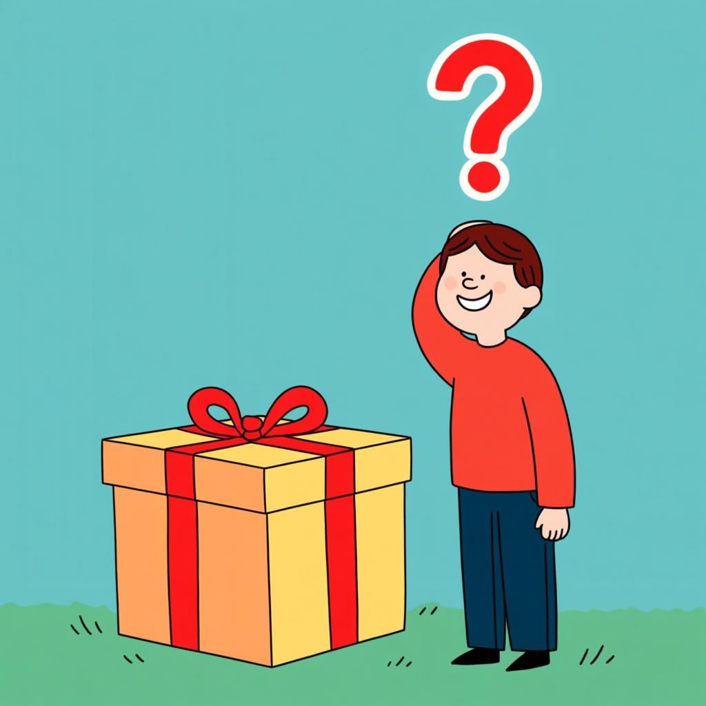 A person stands next to a large, brightly wrapped gift box. A single, large question mark floats in the air above the person's head, symbolizing that they are making a guess or assumption about the contents.