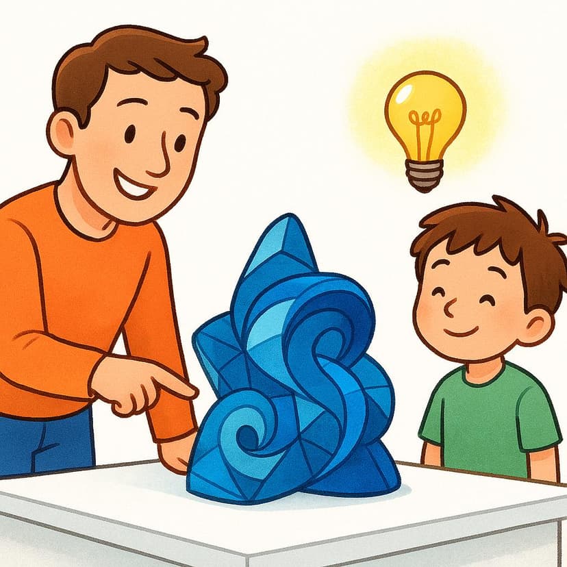 A friendly person pointing clearly at a complex, abstract blue shape on a white table while a child stands nearby. A glowing yellow lightbulb appears above the child's head, symbolizing understanding.