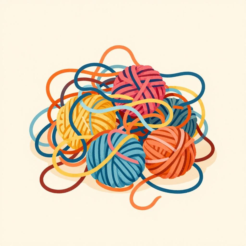 A high-quality colorful storybook illustration of a messy, tangled ball of multi-colored yarn.