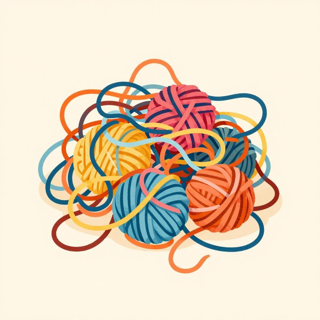 A high-quality colorful storybook illustration of a messy, tangled ball of multi-colored yarn.