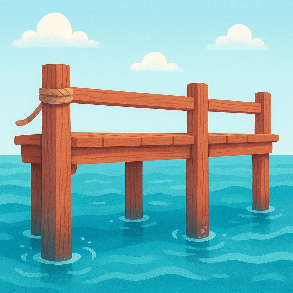 A simple wooden dock extending into the ocean, with the water level high against the dock supports, illustrating high tide.