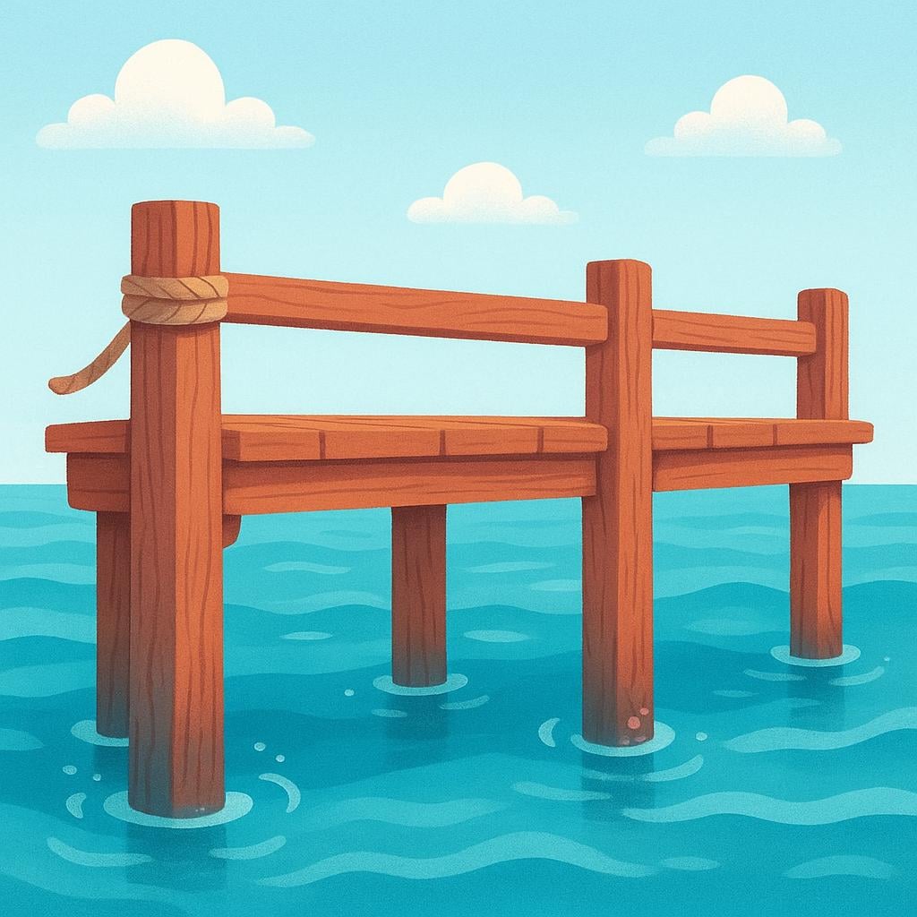 A simple wooden dock extending into the ocean, with the water level high against the dock supports, illustrating high tide.