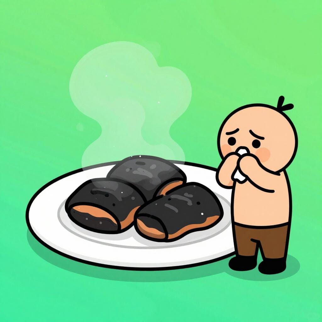 A child looking at a plate of burnt, smoking, unappetizing food with a look of disgust.