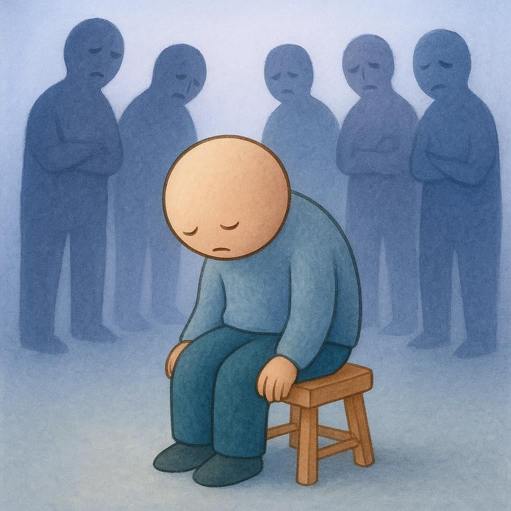 A storybook illustration showing a lone, sad figure slumped on a stool, visually isolated from shadowy figures standing nearby who appear disappointed, illustrating disgrace.