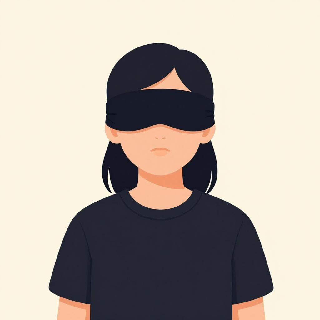 A person wearing a thick black blindfold over their eyes.