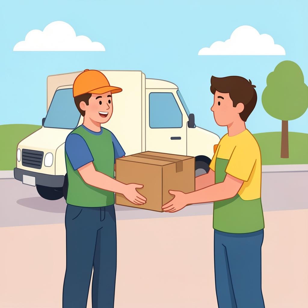 A person in a uniform handing a package to another person near a delivery van.