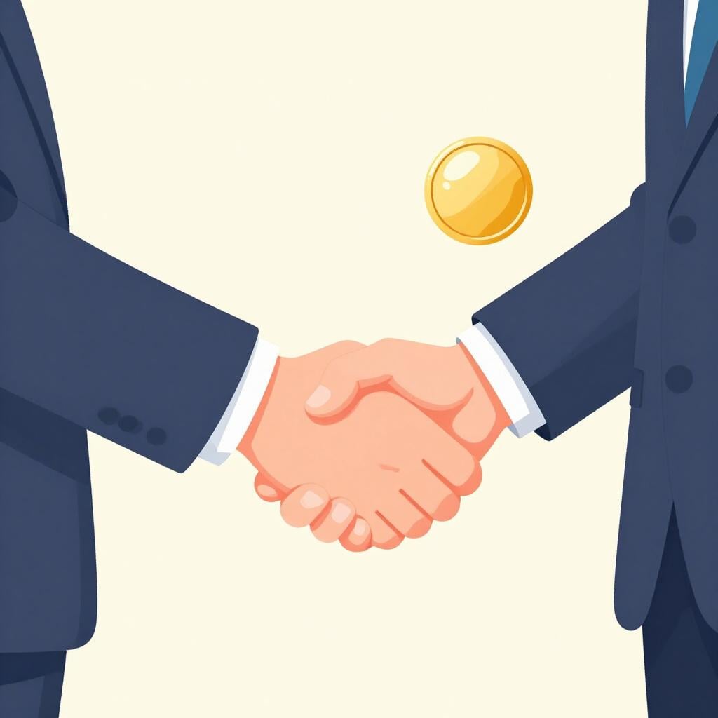 A professional handshake between two people in a bright office, with one person handing over a shiny gold badge to symbolize a new job.