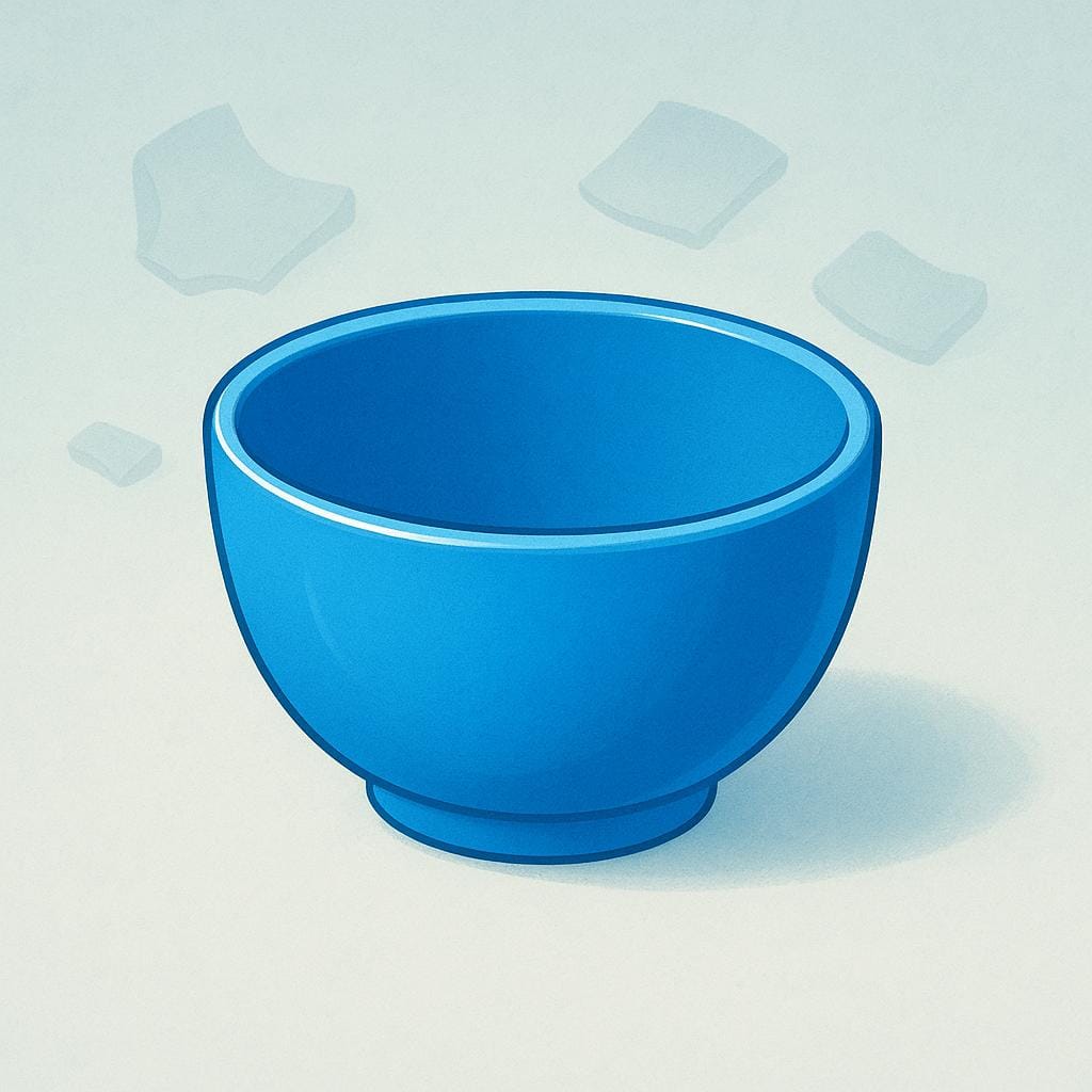 A bright blue ceramic bowl that was previously shattered, now perfectly mended and seamless, demonstrating a successful repair.