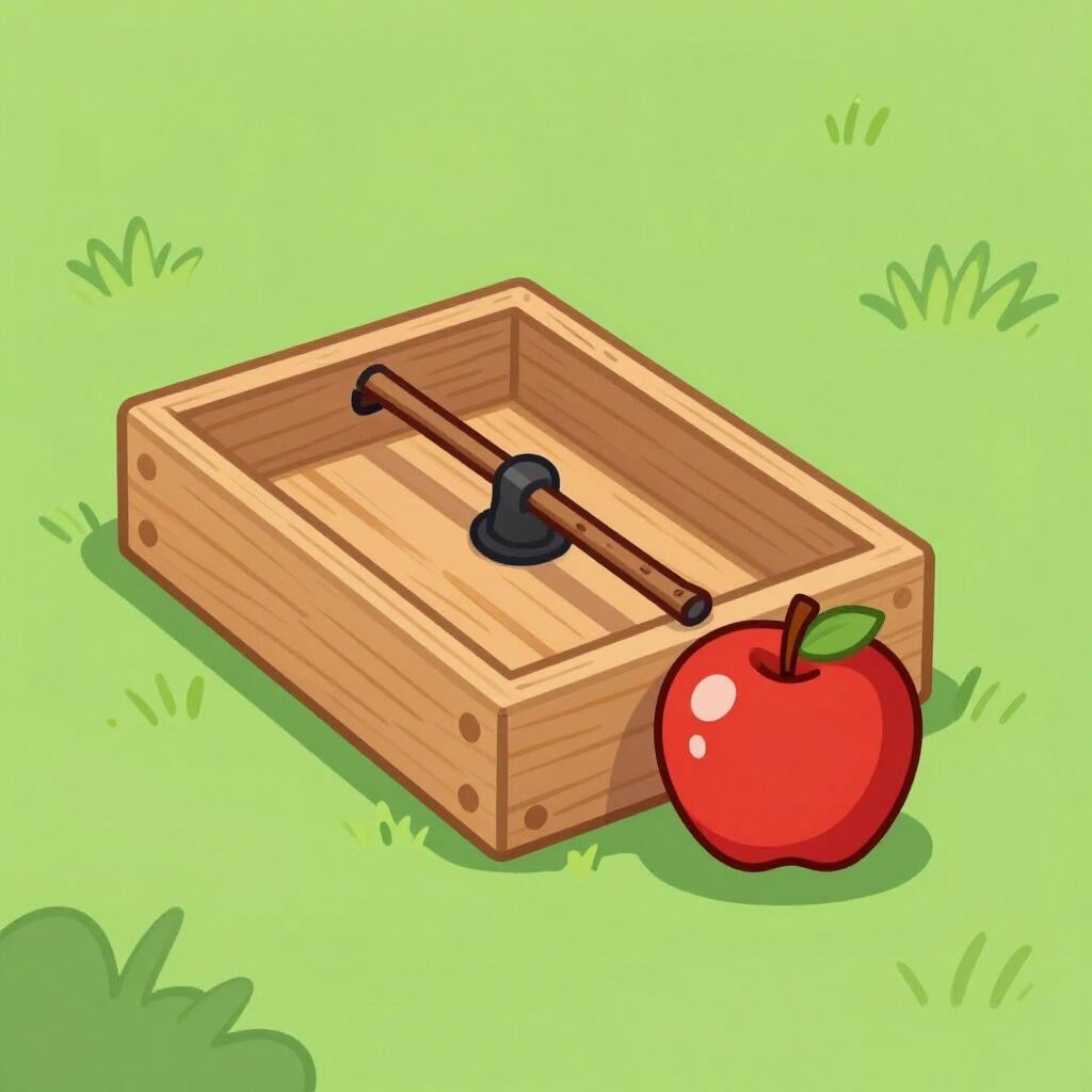 Una trappola a scatola di legno sorretta da un bastone, con una mela rossa brillante sotto come richiamo.