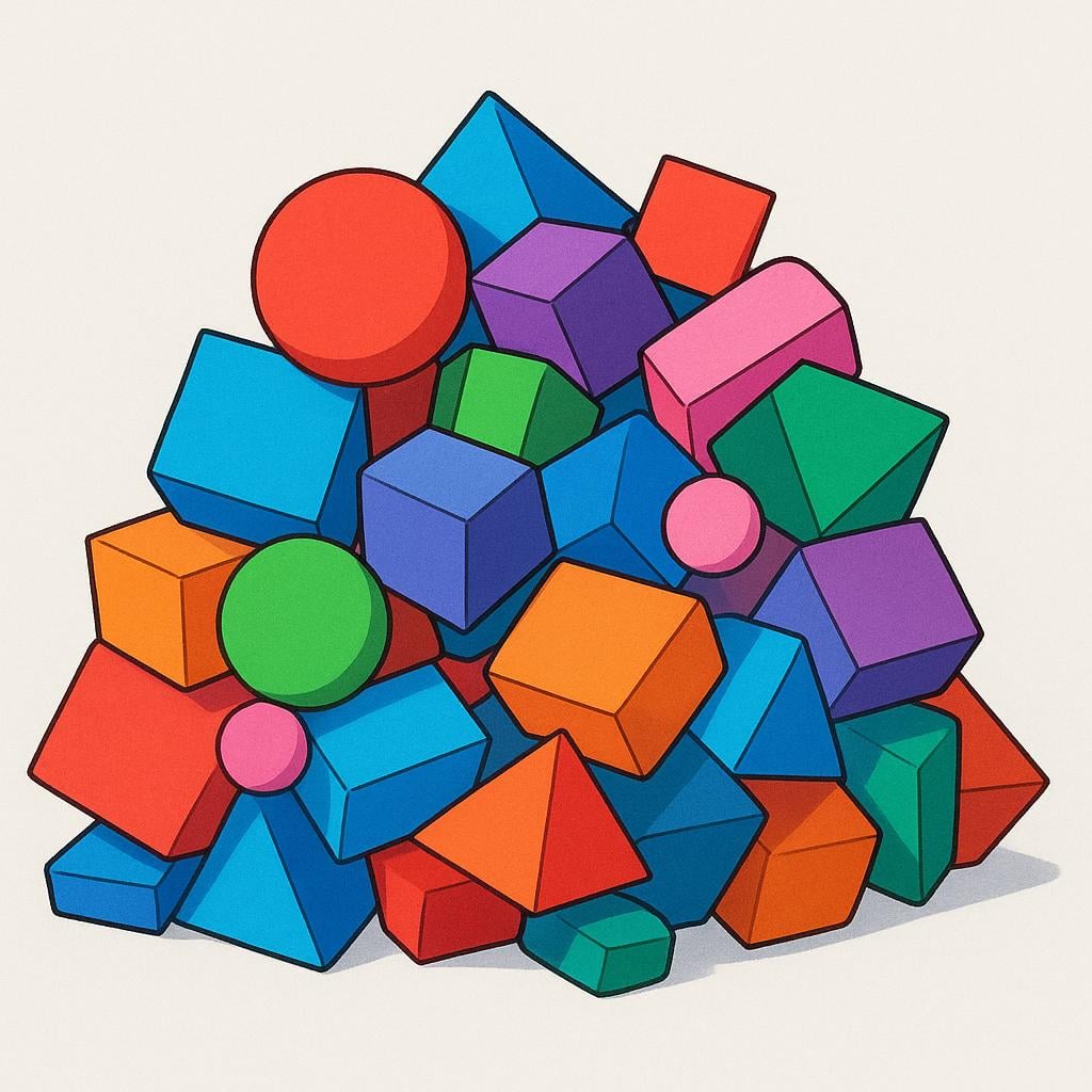 A chaotic pile of brightly colored, simplistic geometric blocks stacked high and unbalanced on a flat surface, where some blocks appear to be aggressively pushing others, symbolizing a ruthless and competitive environment.