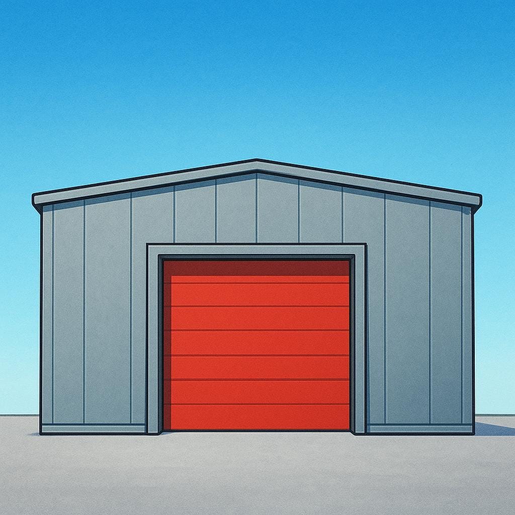 A wide, rectangular industrial warehouse building with a corrugated metal roof and a large loading dock door.