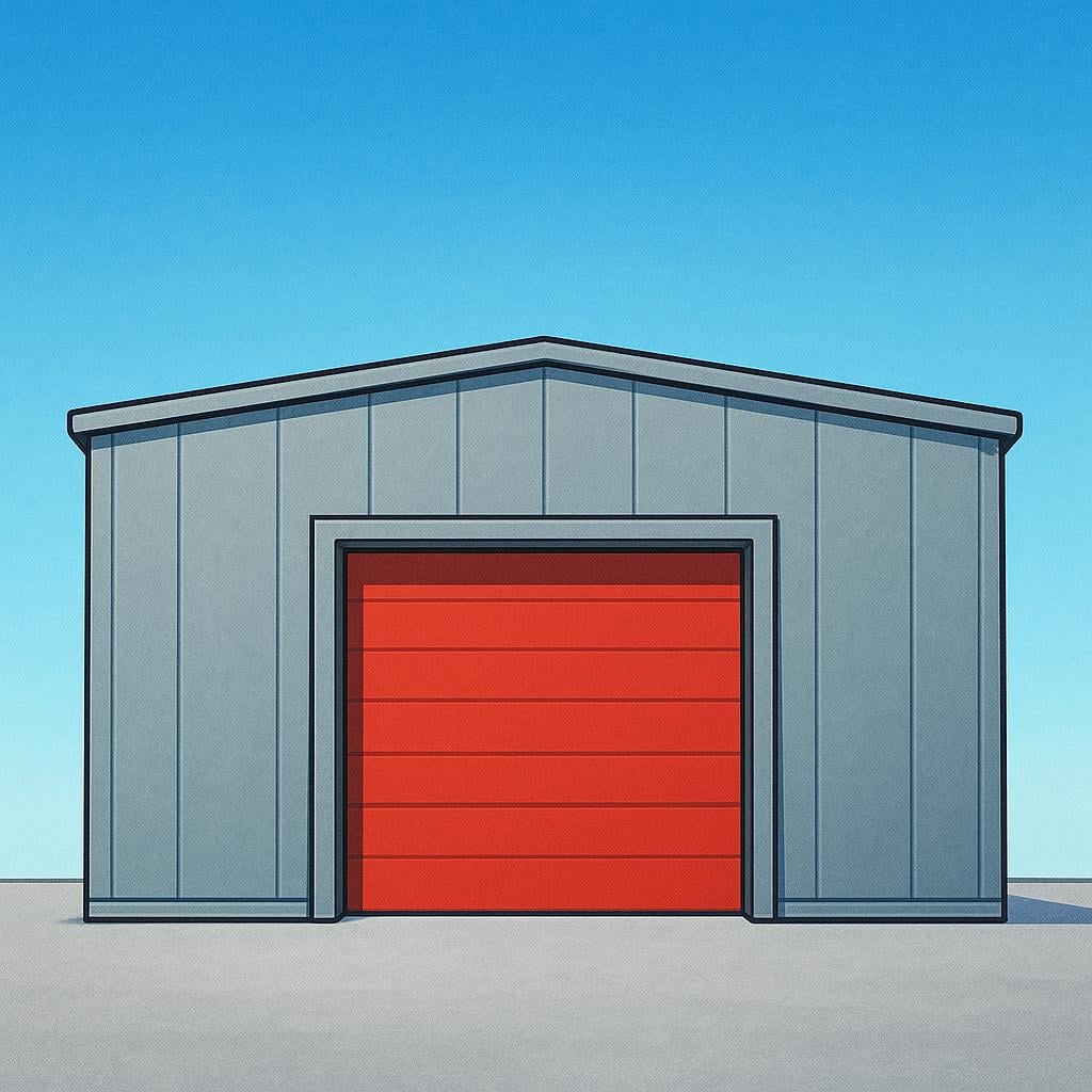 A wide, rectangular industrial warehouse building with a corrugated metal roof and a large loading dock door.