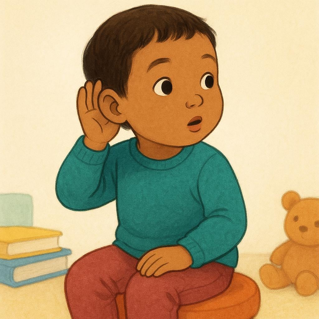 A small child leaning forward with a focused expression, cupping their ear to hear a quiet sound.