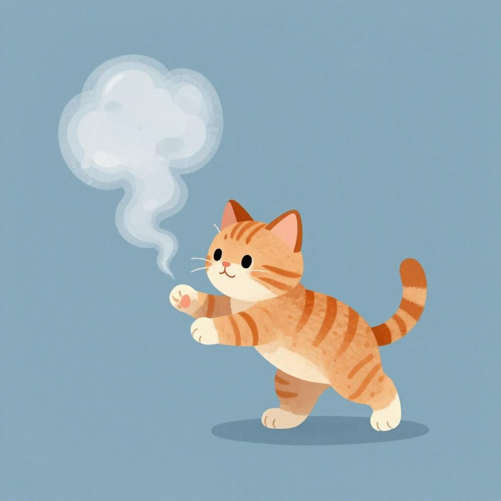 Een kleine oranje kitten die verandert in een zachte, transparante pluis van witte rook.