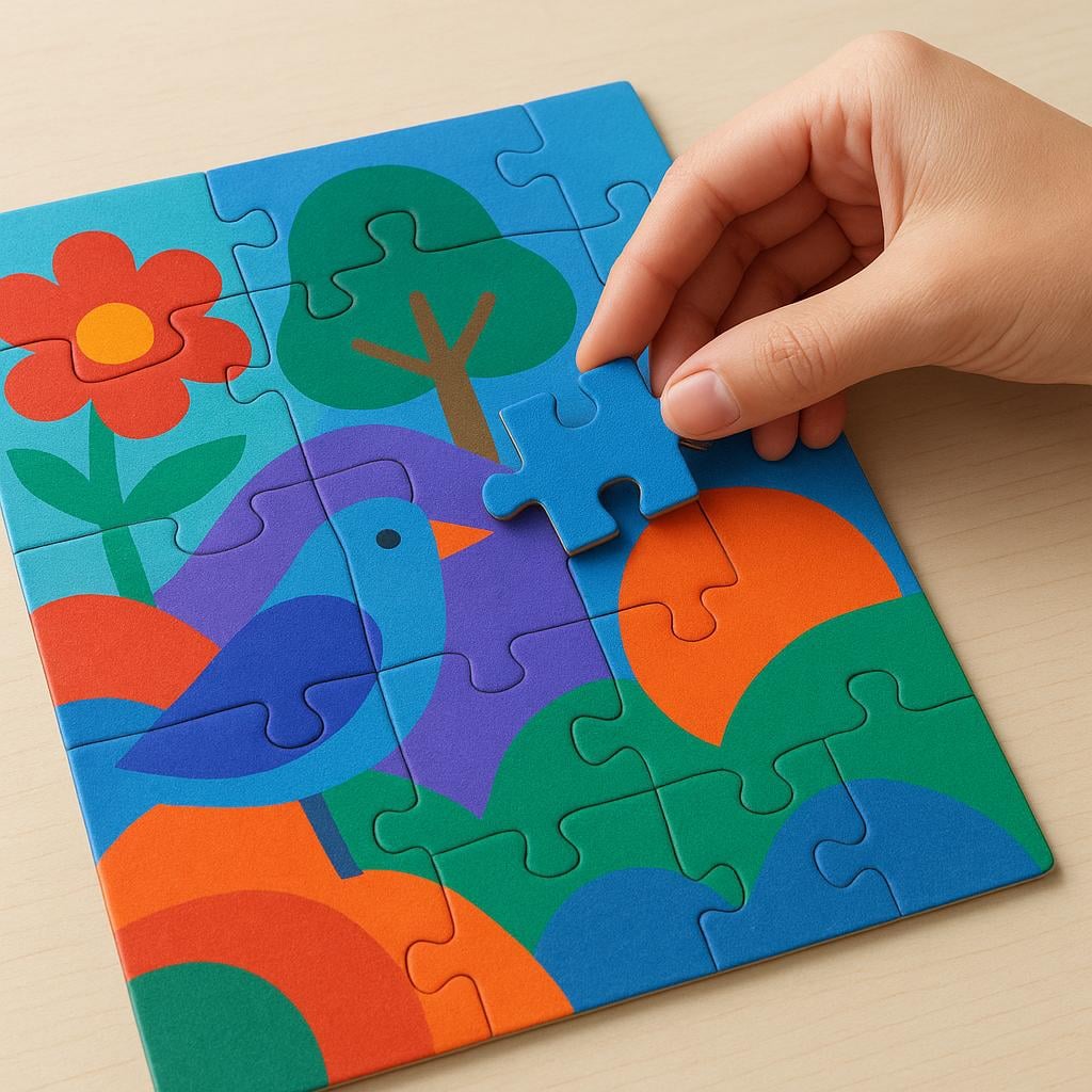 A hand placing the final, perfectly fitted piece into a large, colorful, completed jigsaw puzzle on a simple table.