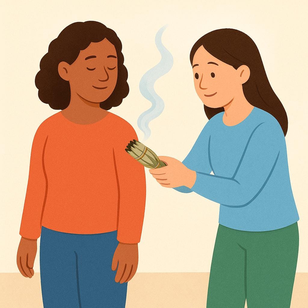 A person gently waving a bundle of smoking white sage over another person's head and shoulders during a spiritual cleansing ritual.
