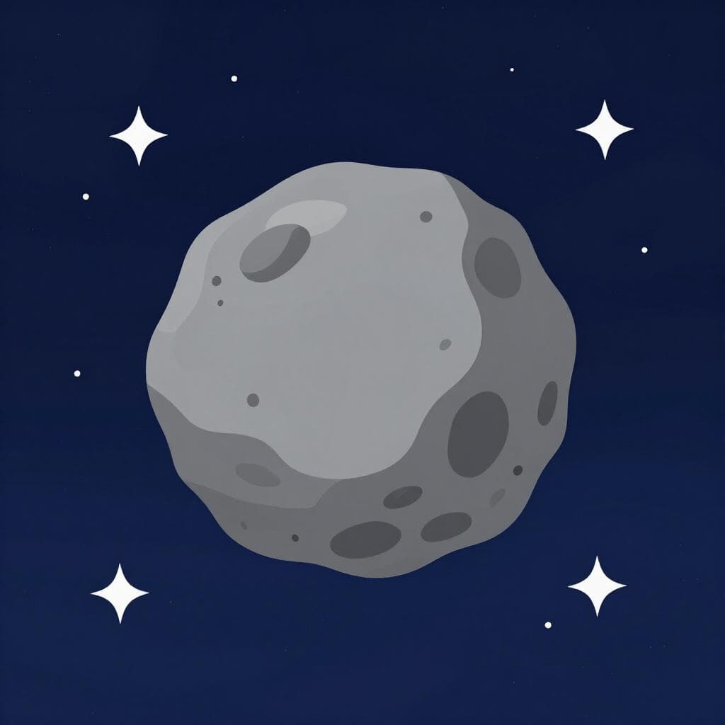 A large, craggy grey rock floating in the vastness of space with small distant stars in the background.