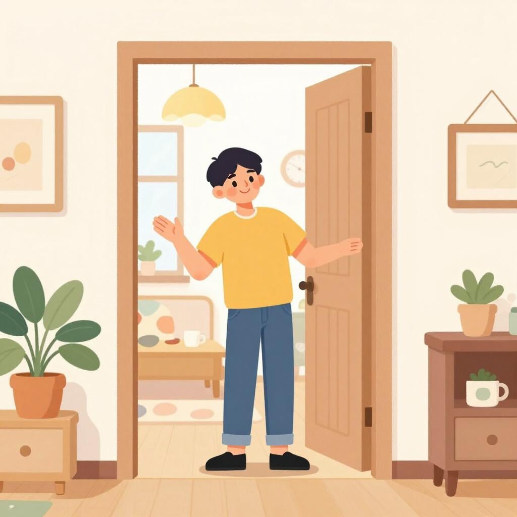 Een vriendelijk persoon die glimlacht en een houten voordeur wijd opent om een gast te verwelkomen.