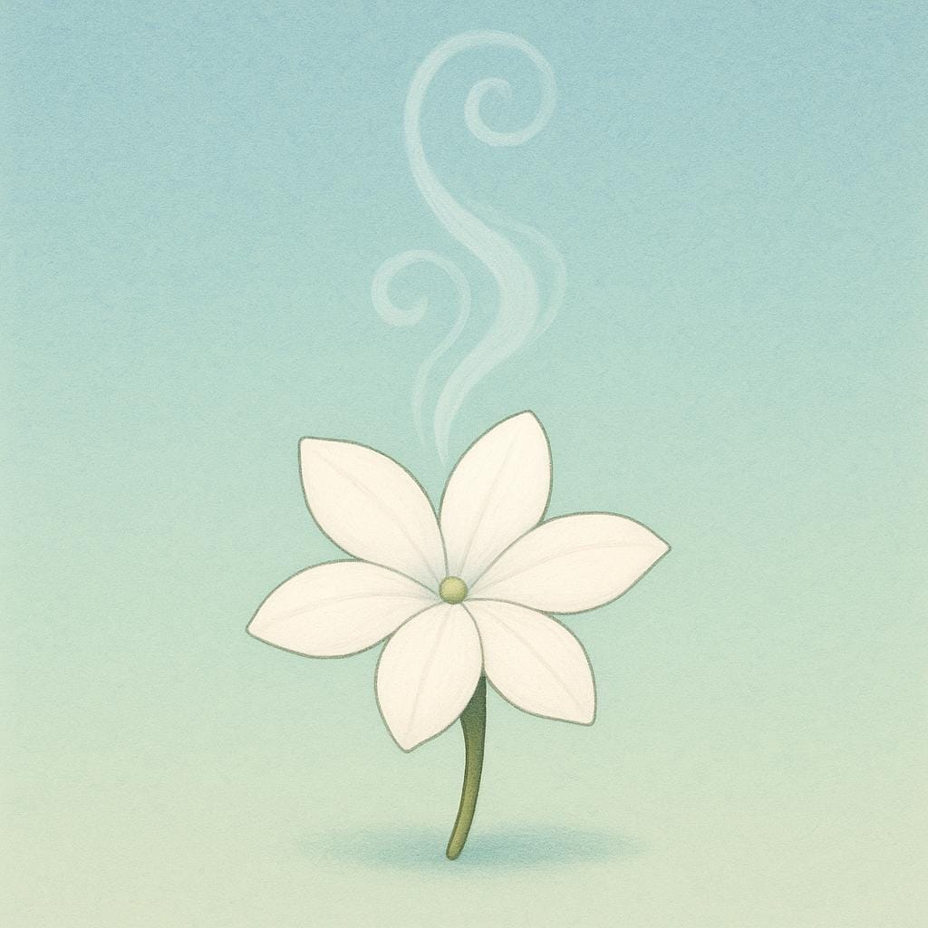 A close-up of a single white jasmine flower from which a very faint, light vapor gently rises, representing a subtle scent.
