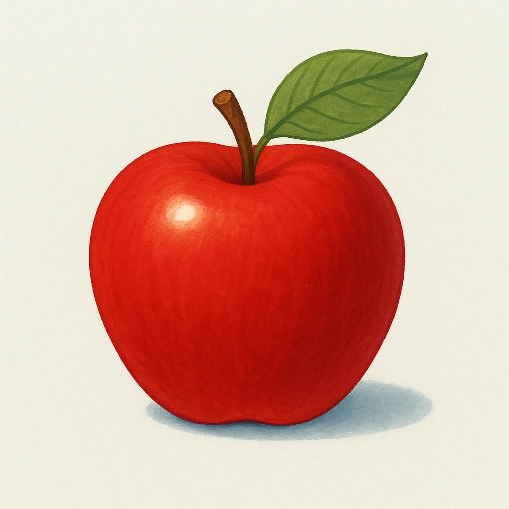 A single, perfectly ripe red apple with a small brown stem and a green leaf attached.
