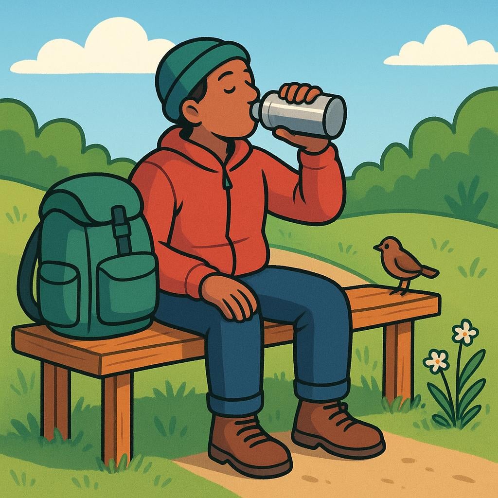 A colorful storybook illustration showing a hiker taking a quick, brief rest on a wooden bench under a tree, representing a short period of time.