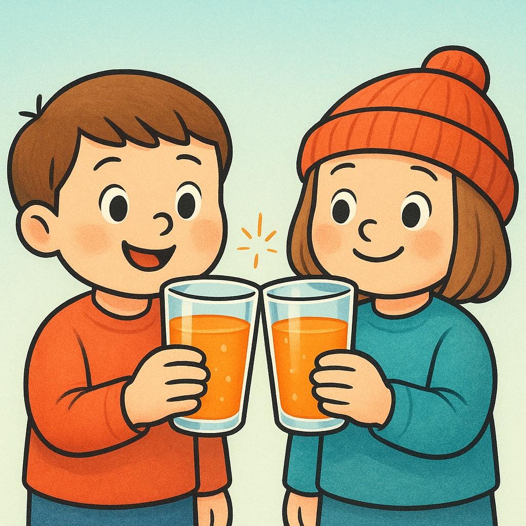 Two cheerful storybook characters holding up clear glasses filled with orange juice, performing a toast.