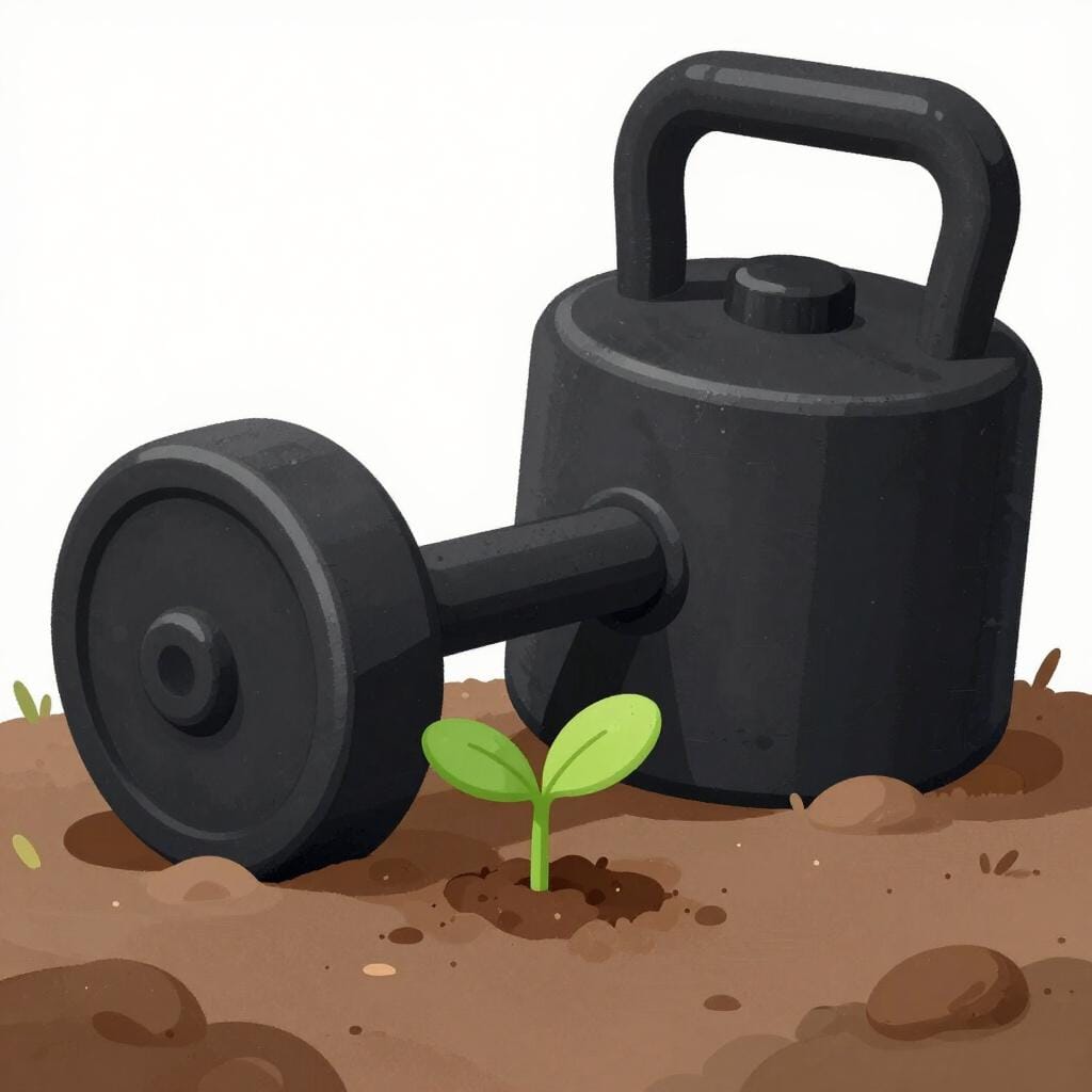 Een zwaar zwart ijzeren gewicht dat bovenop een klein, fragiel groen plantje rust.