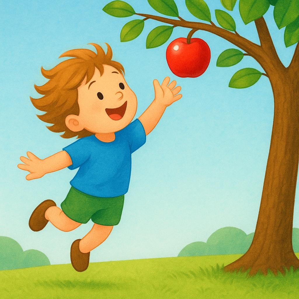A vibrant illustration of a young child leaping effortlessly into the air, reaching out to pick a bright red apple from a low tree branch, symbolizing future success and ability.