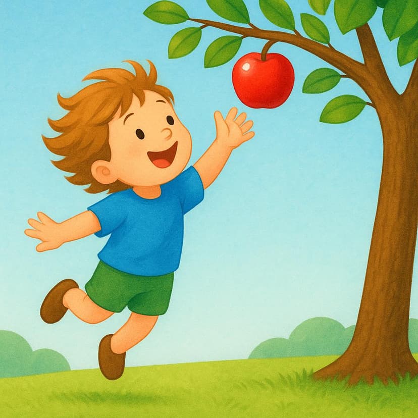 A vibrant illustration of a young child leaping effortlessly into the air, reaching out to pick a bright red apple from a low tree branch, symbolizing future success and ability.
