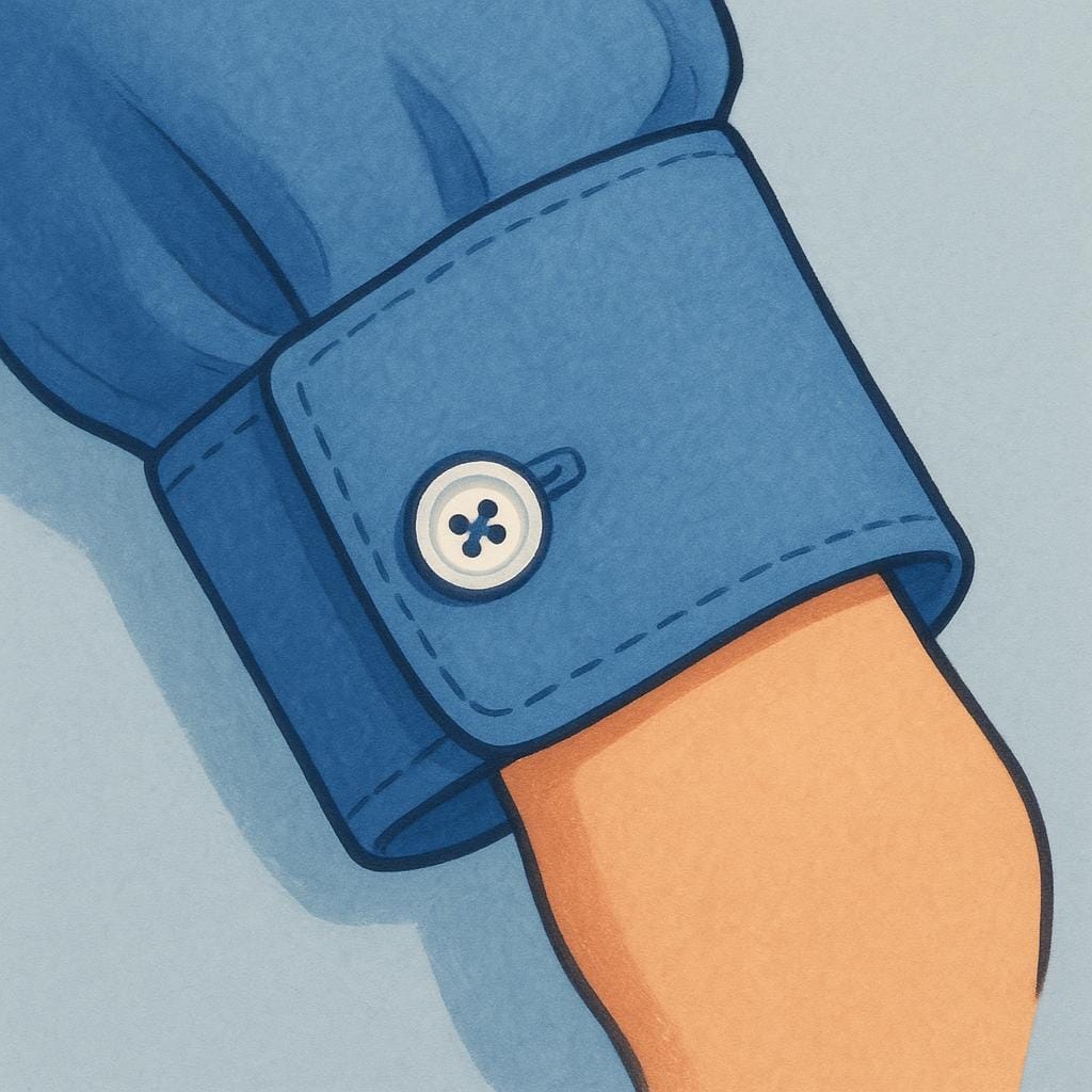 A detailed illustration focusing on the buttoned cuff at the end of a blue dress shirt sleeve.