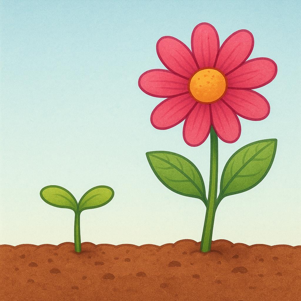 A visual representation of growth, showing a small, newly sprouted green seedling in the dirt next to a tall, fully bloomed, brightly colored flower.