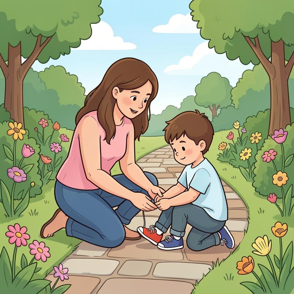 A person kneeling down to help a small child tie their shoelaces.