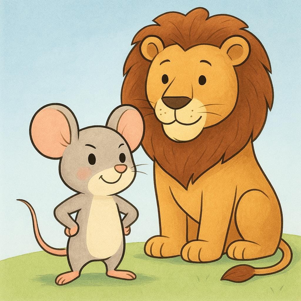 A very small, determined brown mouse standing bravely on the ground, looking up at a much larger but gentle-looking lion.