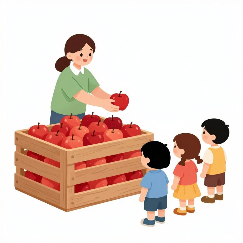 A friendly person handing out bright red apples from a large wooden crate to a group of smiling children.