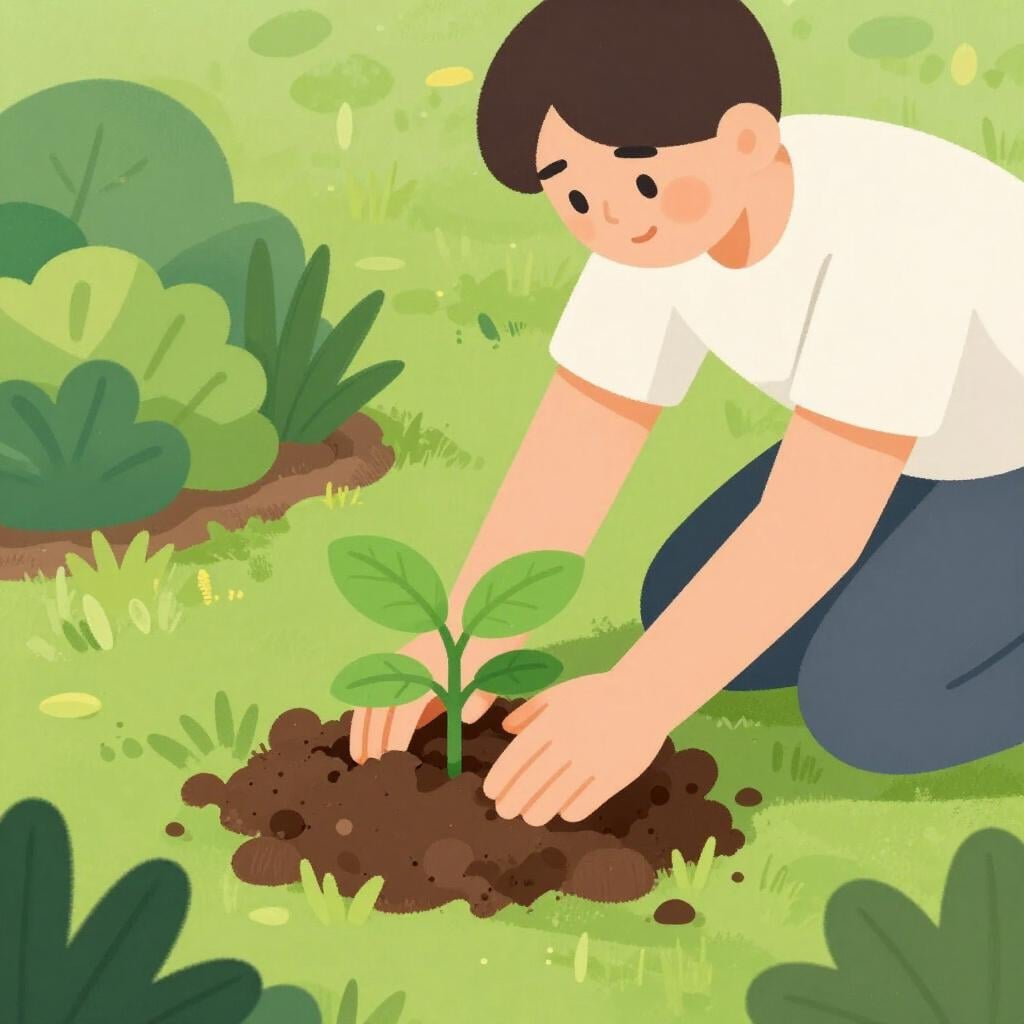 Une personne plantant soigneusement un jeune arbre dans un jardin, montrant son dévouement à la nature.