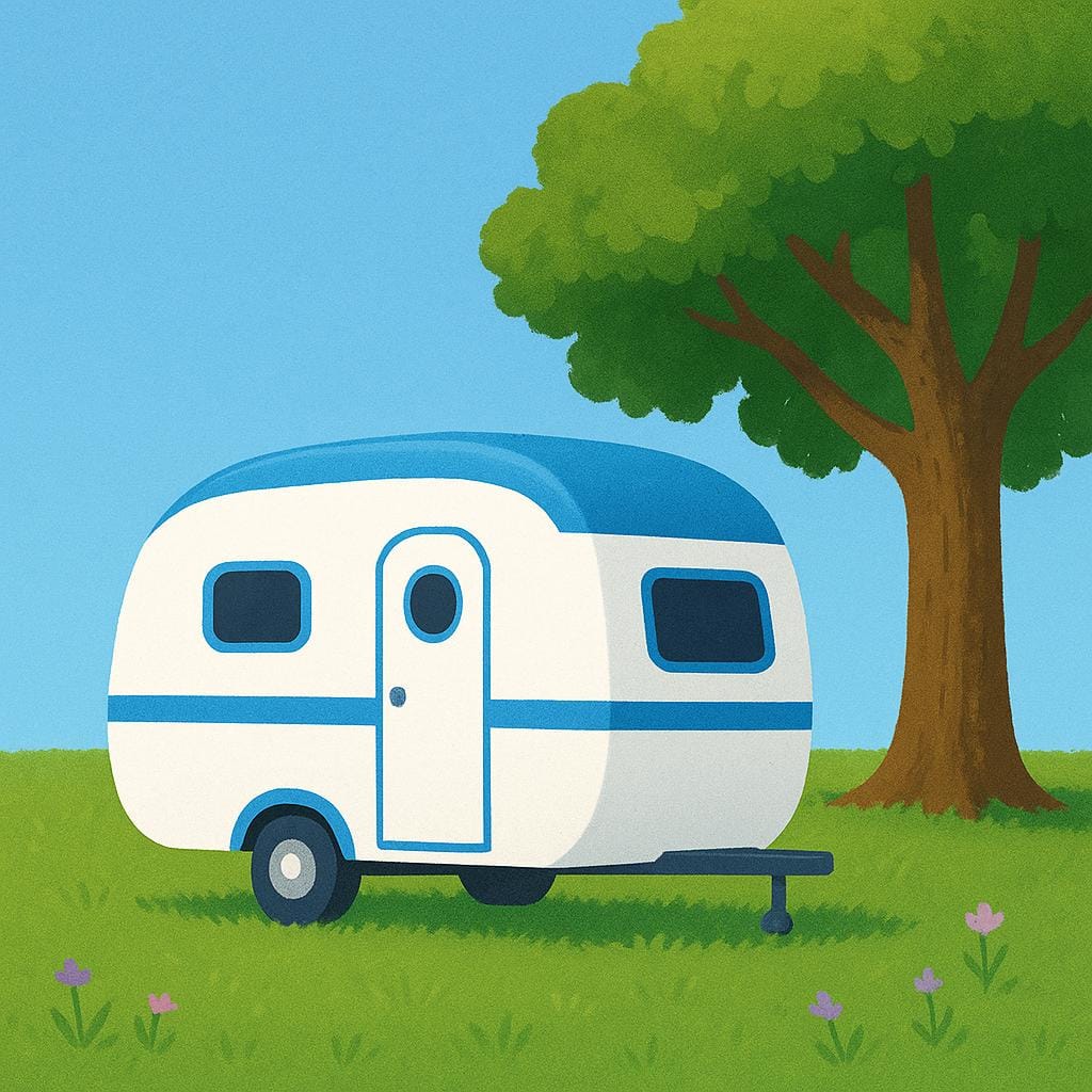 A simple white and blue travel trailer (caravan or RV) parked on green grass next to a large oak tree.