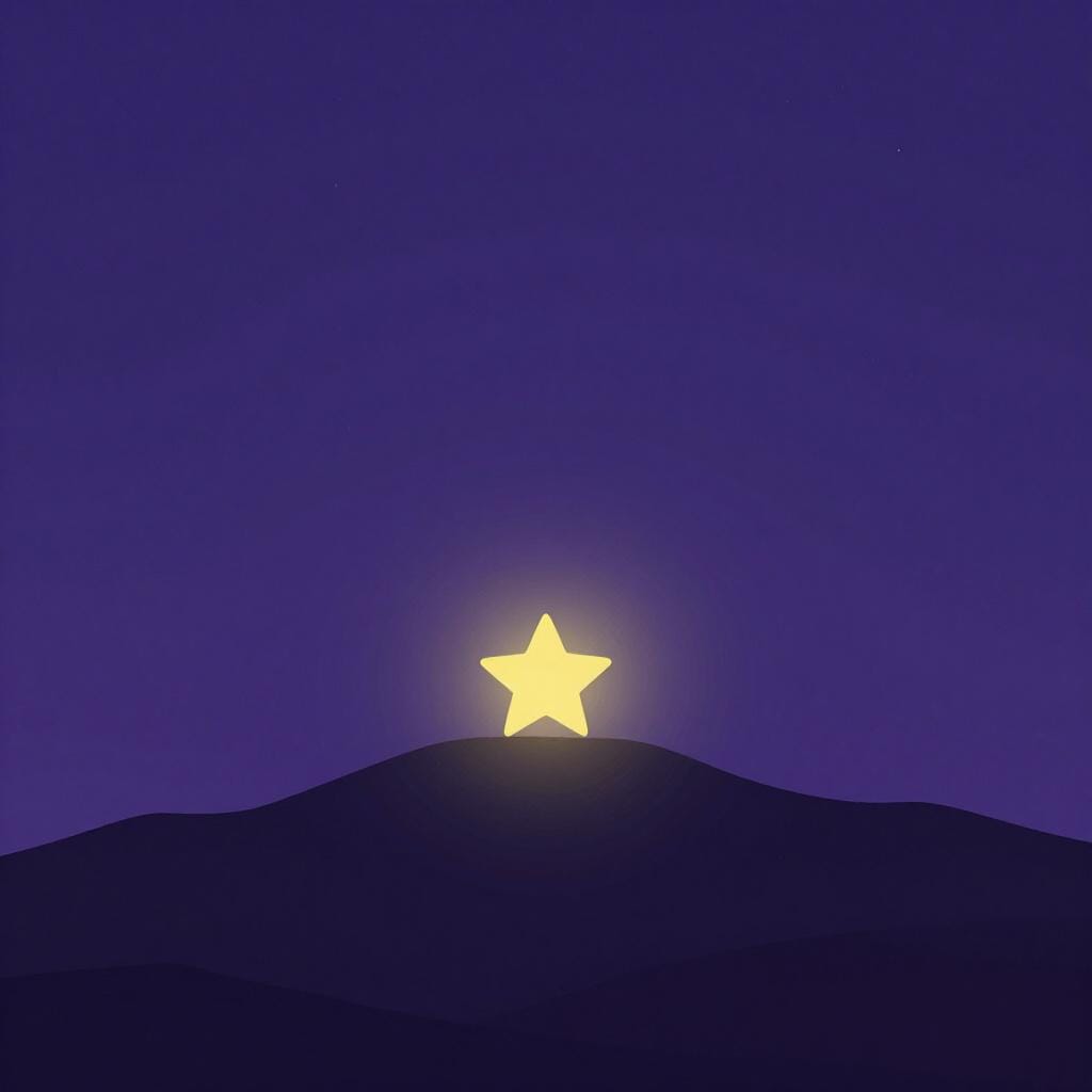 A bright, glowing star positioned exactly on the horizon line between the dark night sky and a silhouette of a mountain.