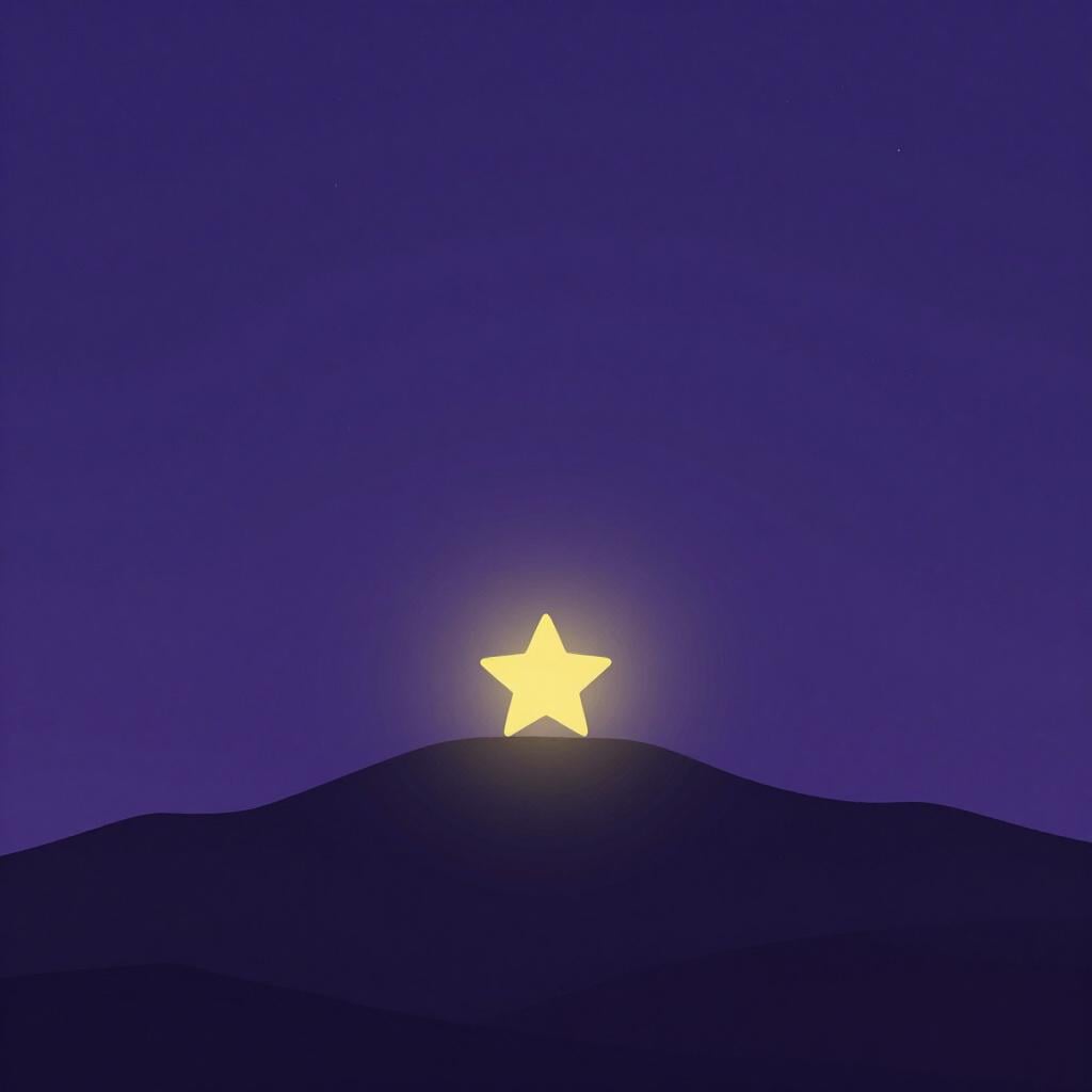 A bright, glowing star positioned exactly on the horizon line between the dark night sky and a silhouette of a mountain.