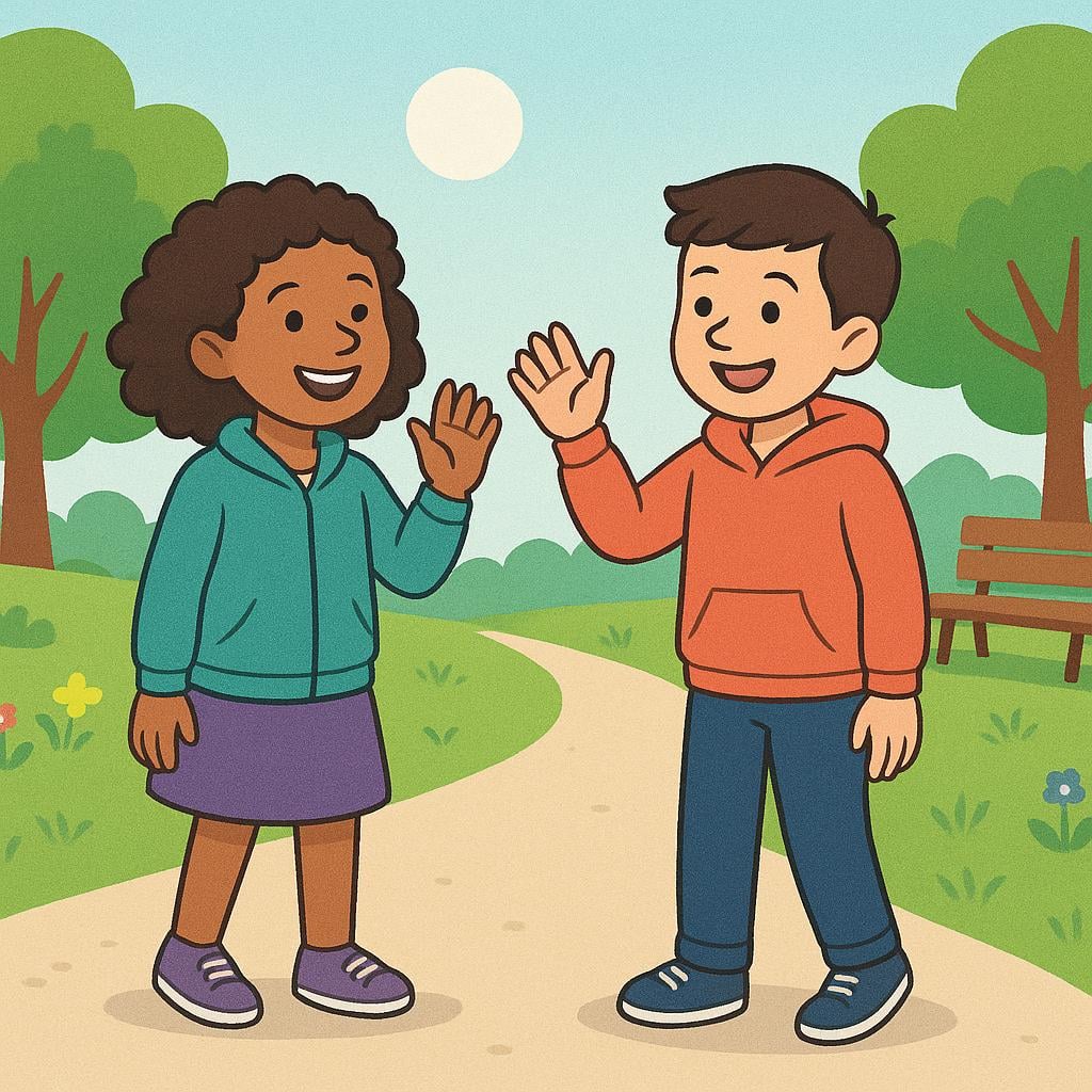 Two friends smiling and waving at each other in a sunny park path, having just met up.