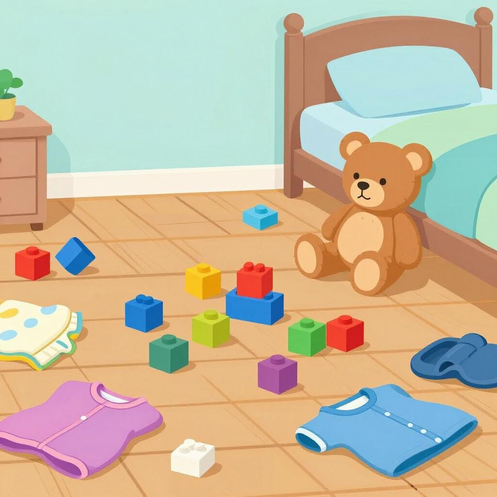 A child's bedroom floor covered in scattered toys, clothes, and open books.